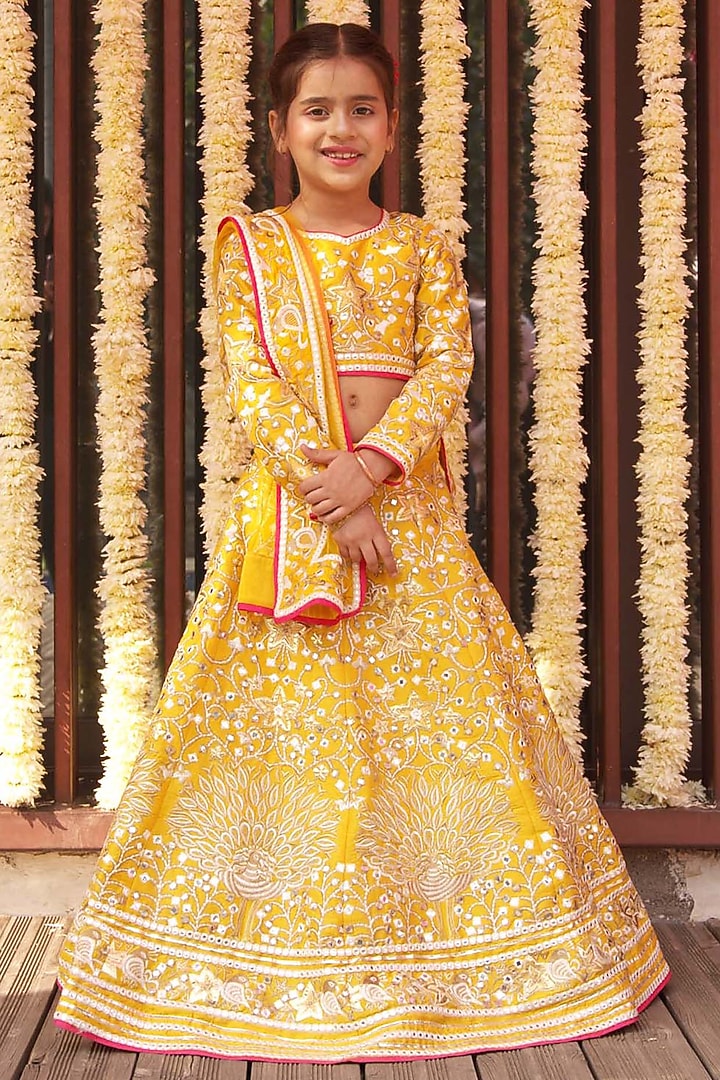 Yellow Raw Silk Cutwork Embroidered Lehenga Set For Girls by Alyaansh Couture at Pernia's Pop Up Shop