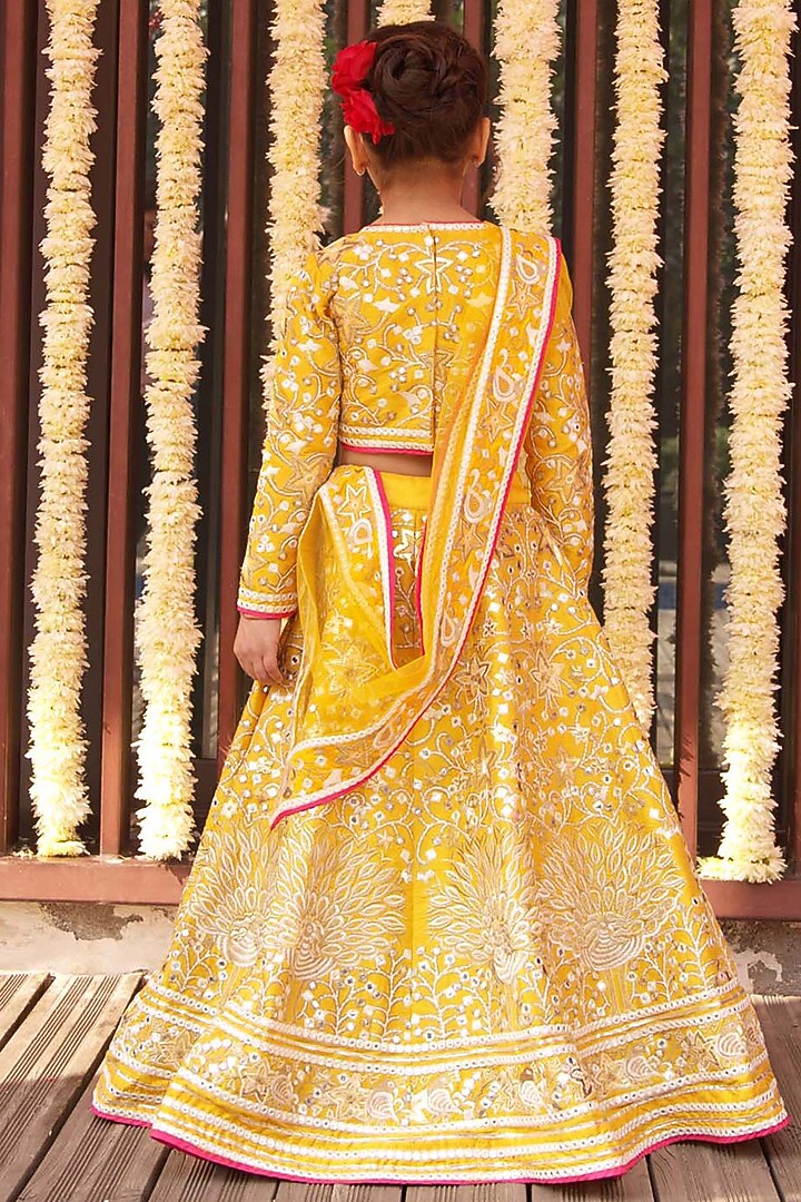 Yellow Raw Silk Cutwork Embroidered Lehenga Set For Girls by Alyaansh Couture at Pernia's Pop Up Shop