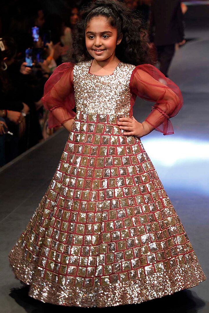 Plum Raw Silk & Organza Sequins Embellished Gown For Girls by Alyaansh Couture at Pernia's Pop Up Shop