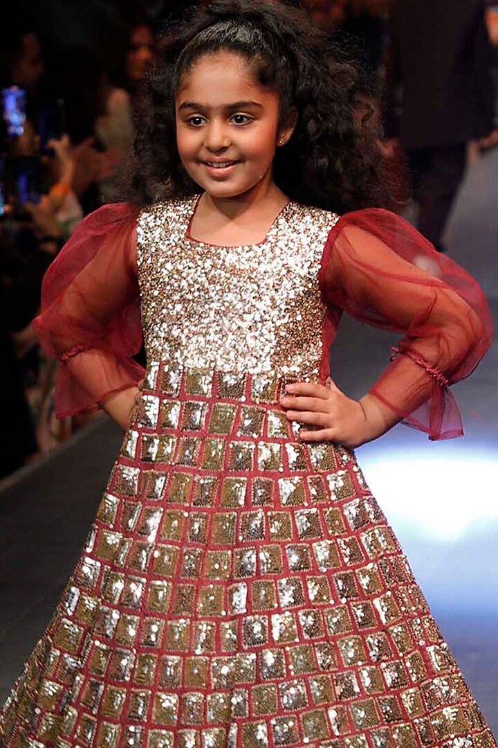 Plum Raw Silk & Organza Sequins Embellished Gown For Girls by Alyaansh Couture at Pernia's Pop Up Shop