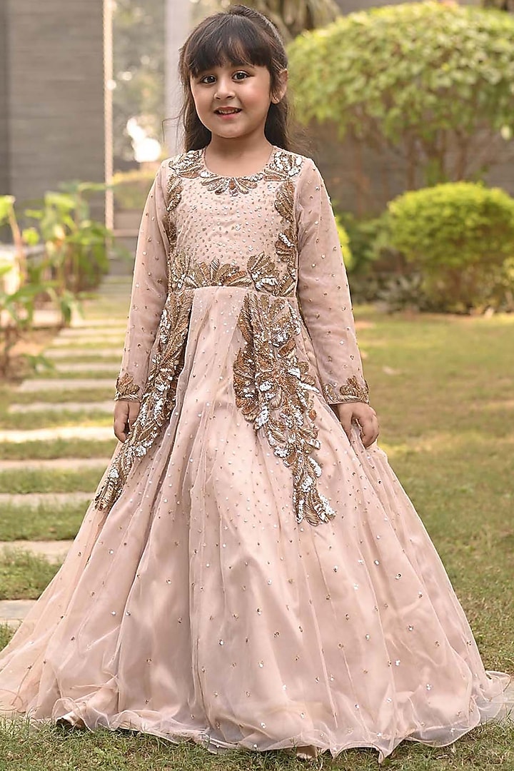 Beige Net Zardosi Embroidered Gown For Girls by Alyaansh Couture at Pernia's Pop Up Shop