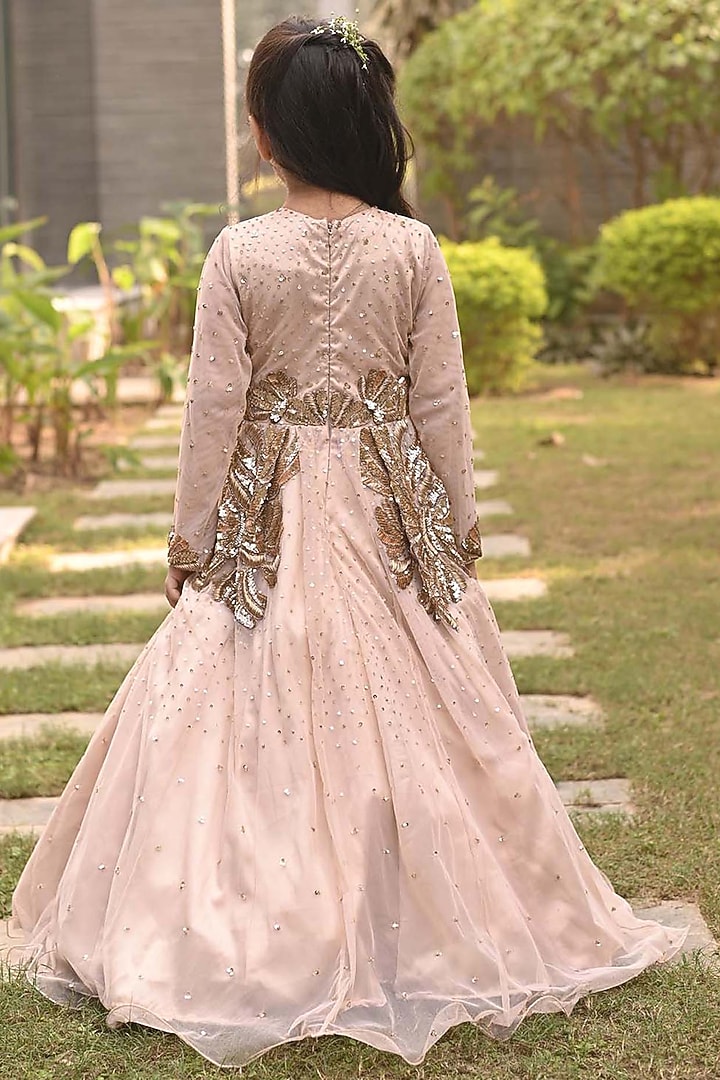 Beige Net Zardosi Embroidered Gown For Girls by Alyaansh Couture at Pernia's Pop Up Shop