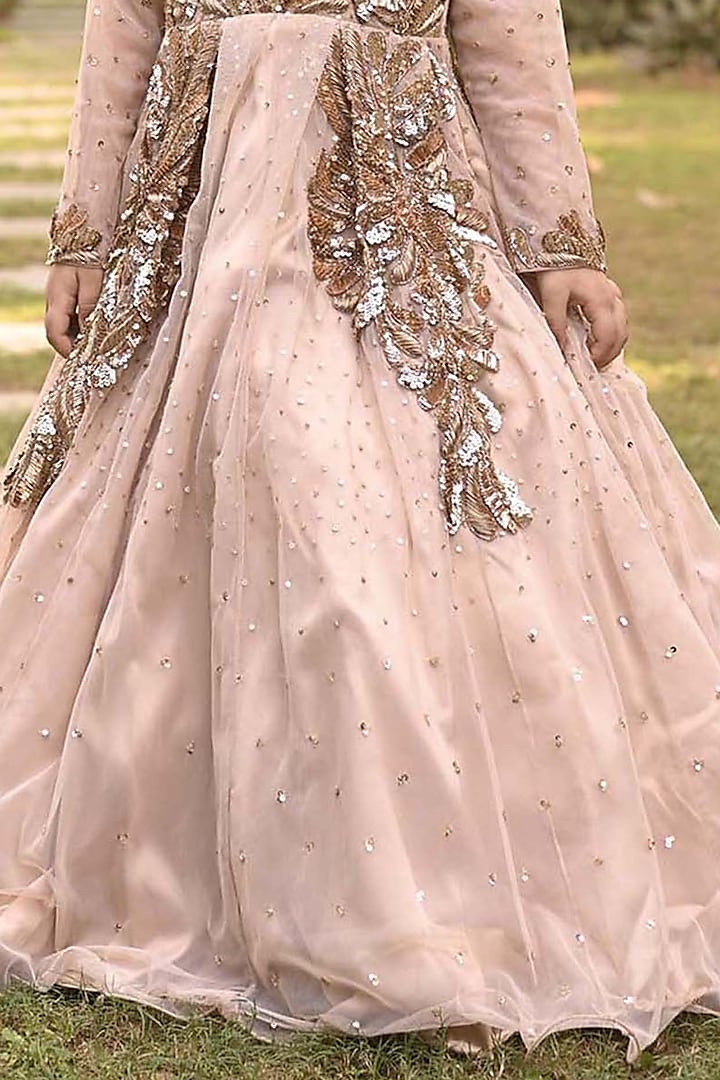 Beige Net Zardosi Embroidered Gown For Girls by Alyaansh Couture at Pernia's Pop Up Shop