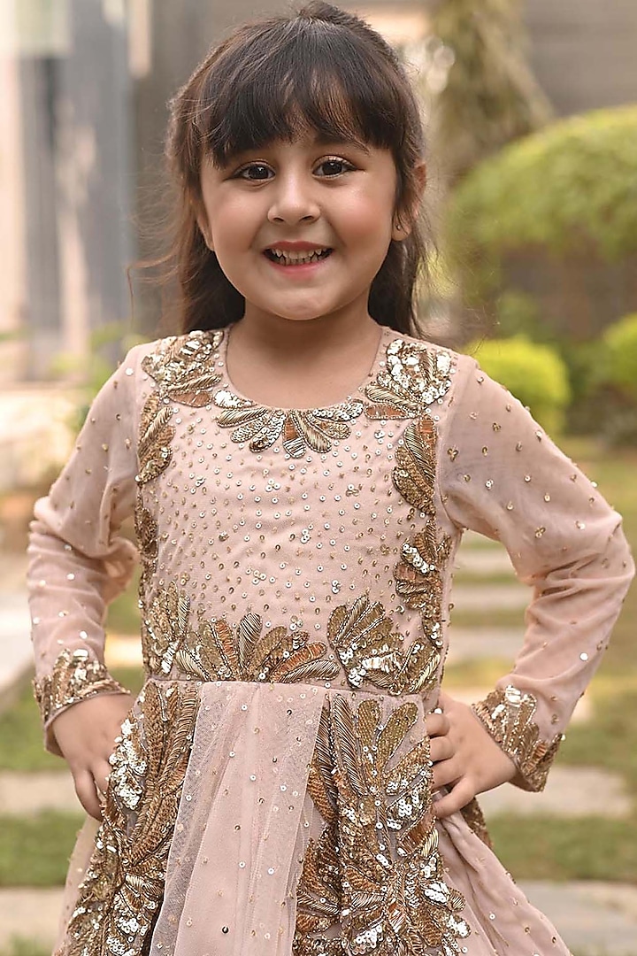 Beige Net Zardosi Embroidered Gown For Girls by Alyaansh Couture at Pernia's Pop Up Shop