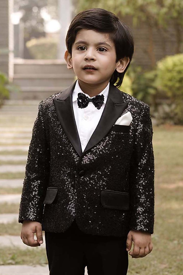 Black Sequins Tuxedo Set For Boys by Alyaansh Couture at Pernia's Pop Up Shop