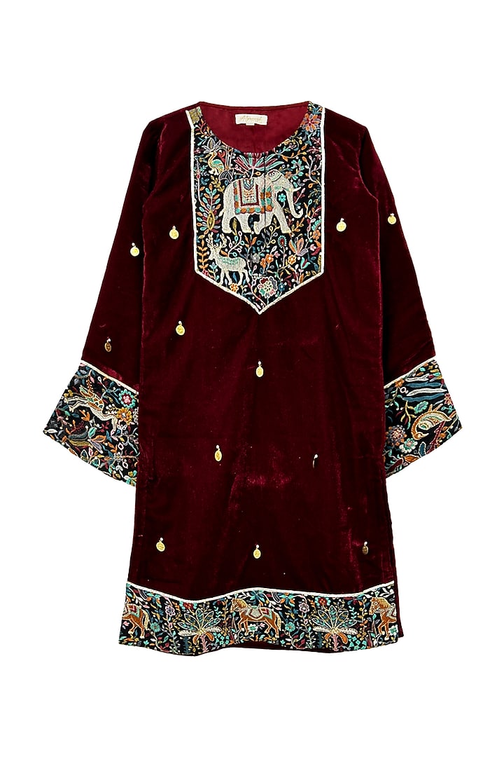 Maroon Velvet Zari Embroidered Kurta Set For Girls by Alyaansh Couture at Pernia's Pop Up Shop