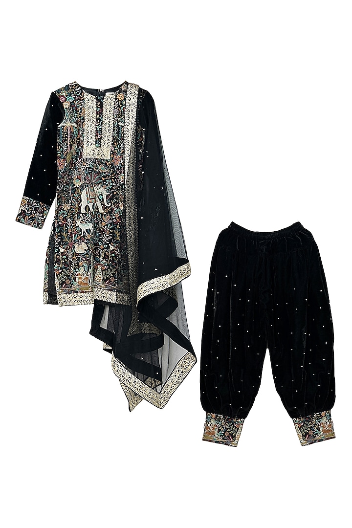 Black Velvet Sequins Chitta Work Dhoti Set For Girls by Alyaansh Couture at Pernia's Pop Up Shop