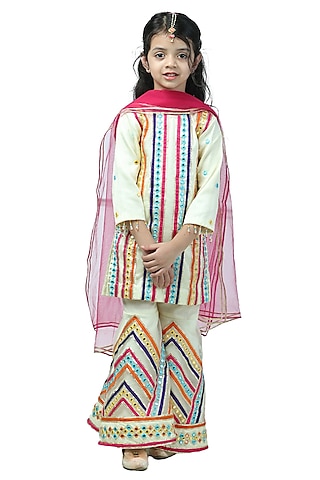 Soft Yellow Organza Embellished Sharara Set For Girls by Alyaansh Couture