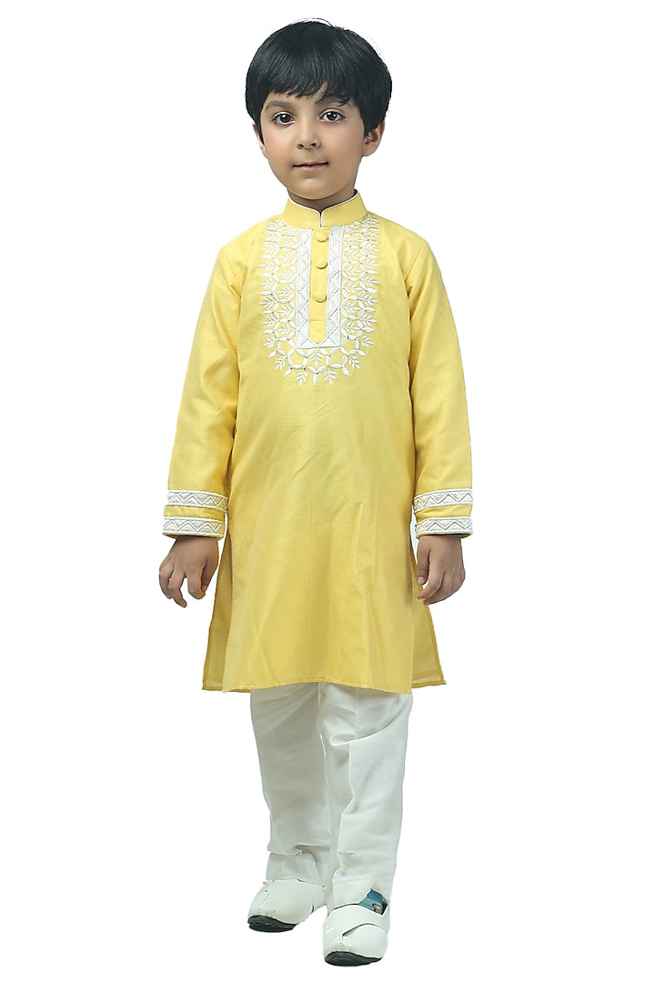 Pastel Yellow Cotton Silk Pearl Embellished Kurta Set For Boys by Alyaansh Couture at Pernia's Pop Up Shop