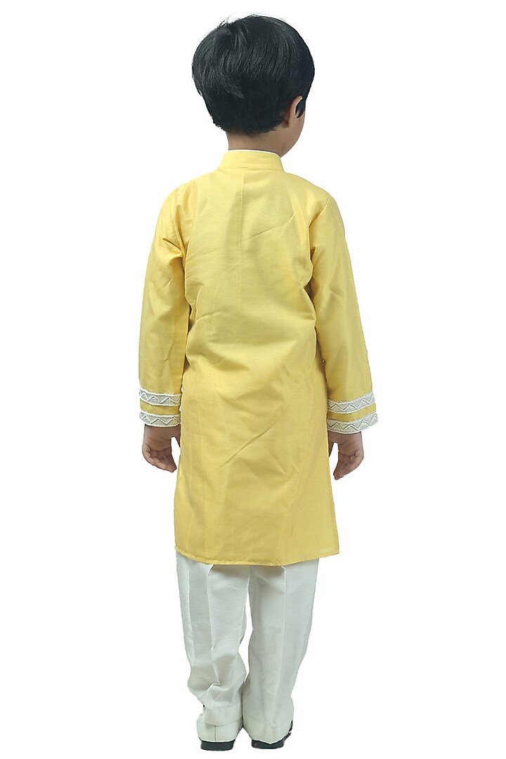 Pastel Yellow Cotton Silk Pearl Embellished Kurta Set For Boys by Alyaansh Couture at Pernia's Pop Up Shop