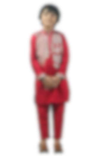 Maroon Raw Silk Silver Gota Work Kurta Set For Boys by Alyaansh Couture at Pernia's Pop Up Shop