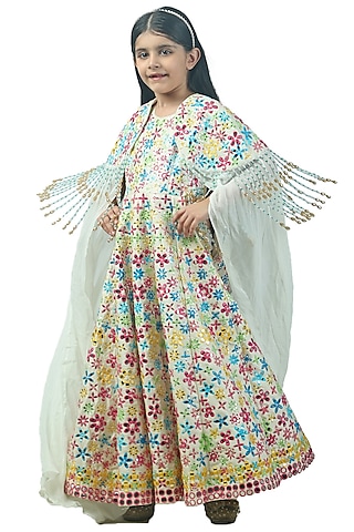 White Raw Silk & Georgette Patra Embroidered Jacket Anarkali Set For Girls by Alyaansh Couture