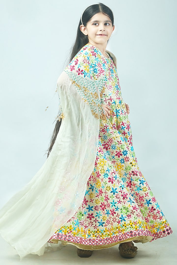 White Raw Silk & Georgette Patra Embroidered Jacket Anarkali Set For Girls by Alyaansh Couture at Pernia's Pop Up Shop