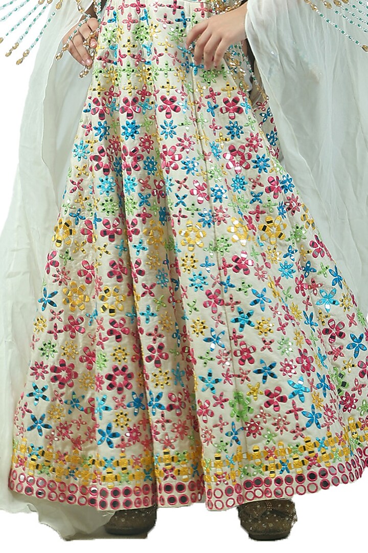 White Raw Silk & Georgette Patra Embroidered Jacket Anarkali Set For Girls by Alyaansh Couture at Pernia's Pop Up Shop