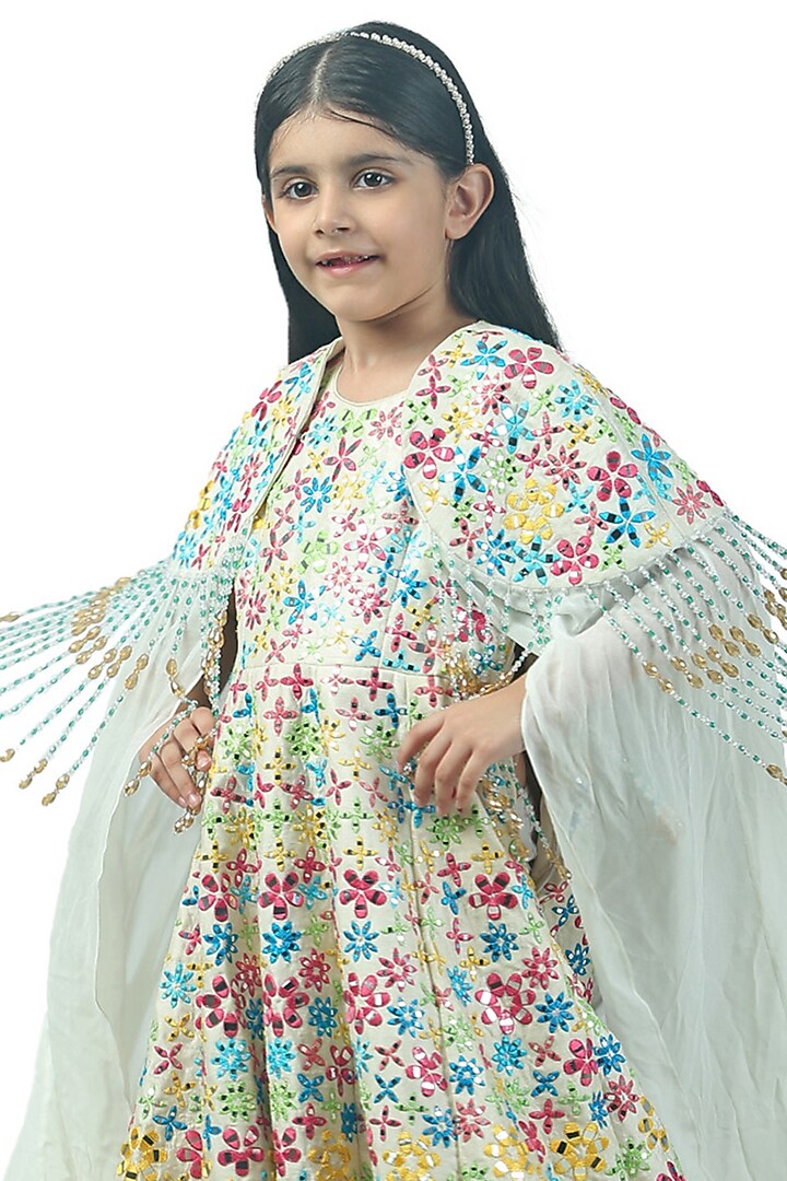 White Raw Silk & Georgette Patra Embroidered Jacket Anarkali Set For Girls by Alyaansh Couture at Pernia's Pop Up Shop