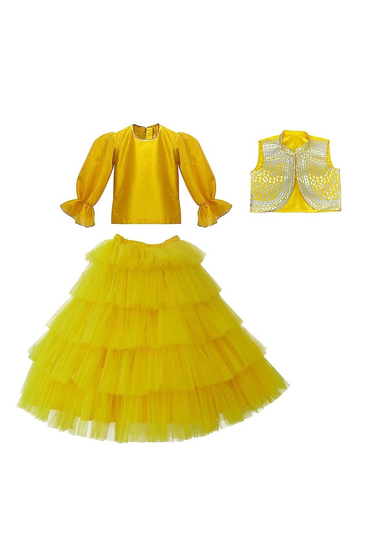 Yellow Net Ruffled Tiered Lehenga Set For Girls by Alyaansh Couture at Pernia's Pop Up Shop