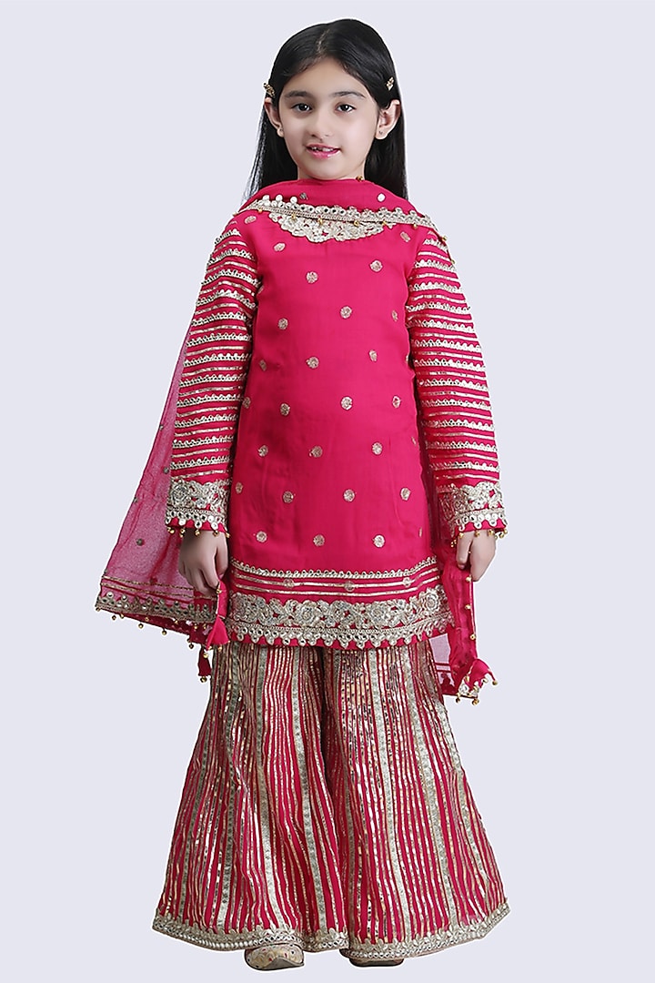 Rani Pink Georgette Gota Embroidered Sharara Set For Girls by Alyaansh Couture at Pernia's Pop Up Shop