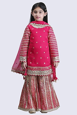 Rani Pink Georgette Gota Embroidered Sharara Set For Girls by Alyaansh Couture