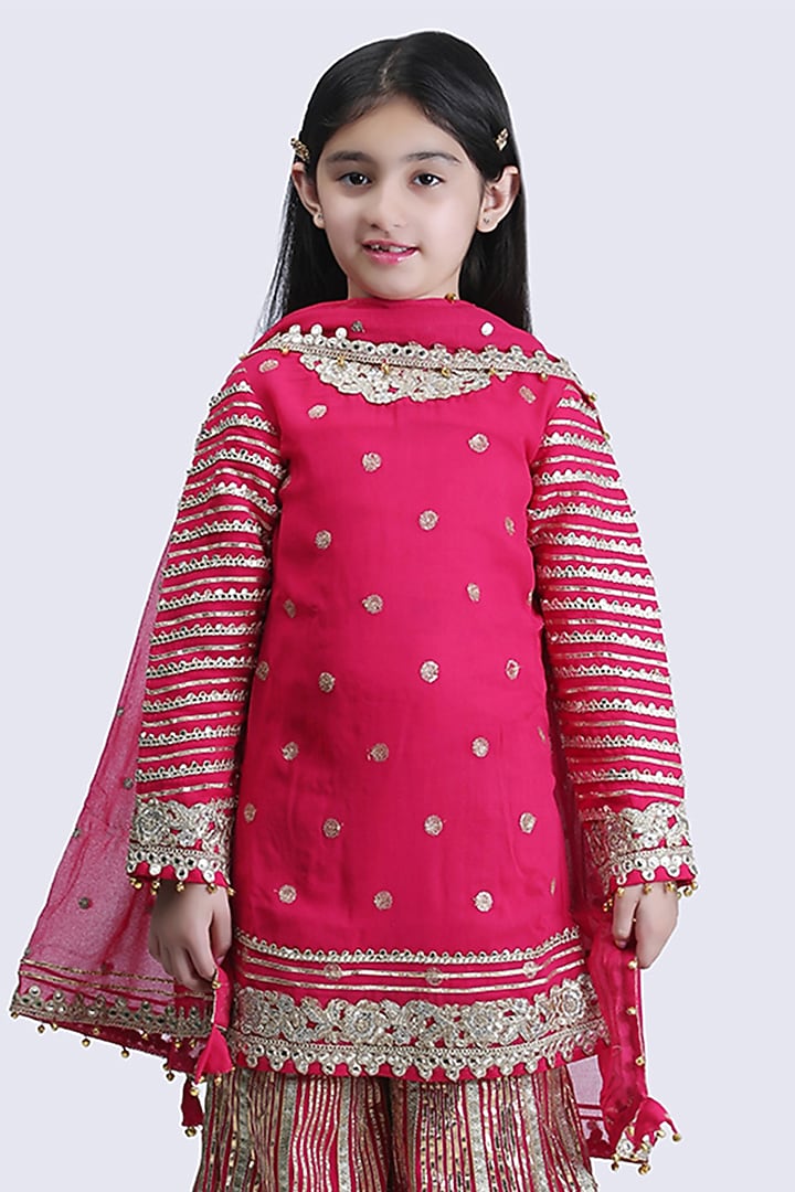 Rani Pink Georgette Gota Embroidered Sharara Set For Girls by Alyaansh Couture at Pernia's Pop Up Shop