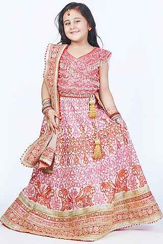 Peach Georgette Sequins Embroidered Lehenga Set For Girls by Alyaansh Couture