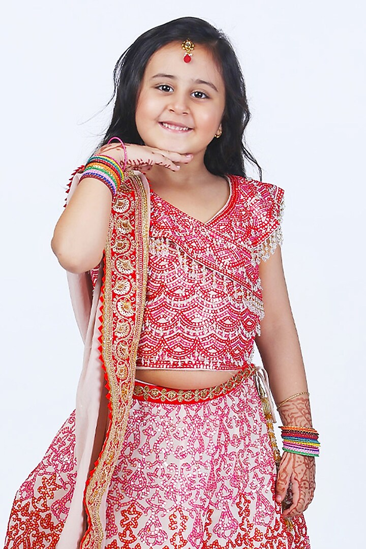 Peach Georgette Sequins Embroidered Lehenga Set For Girls by Alyaansh Couture at Pernia's Pop Up Shop