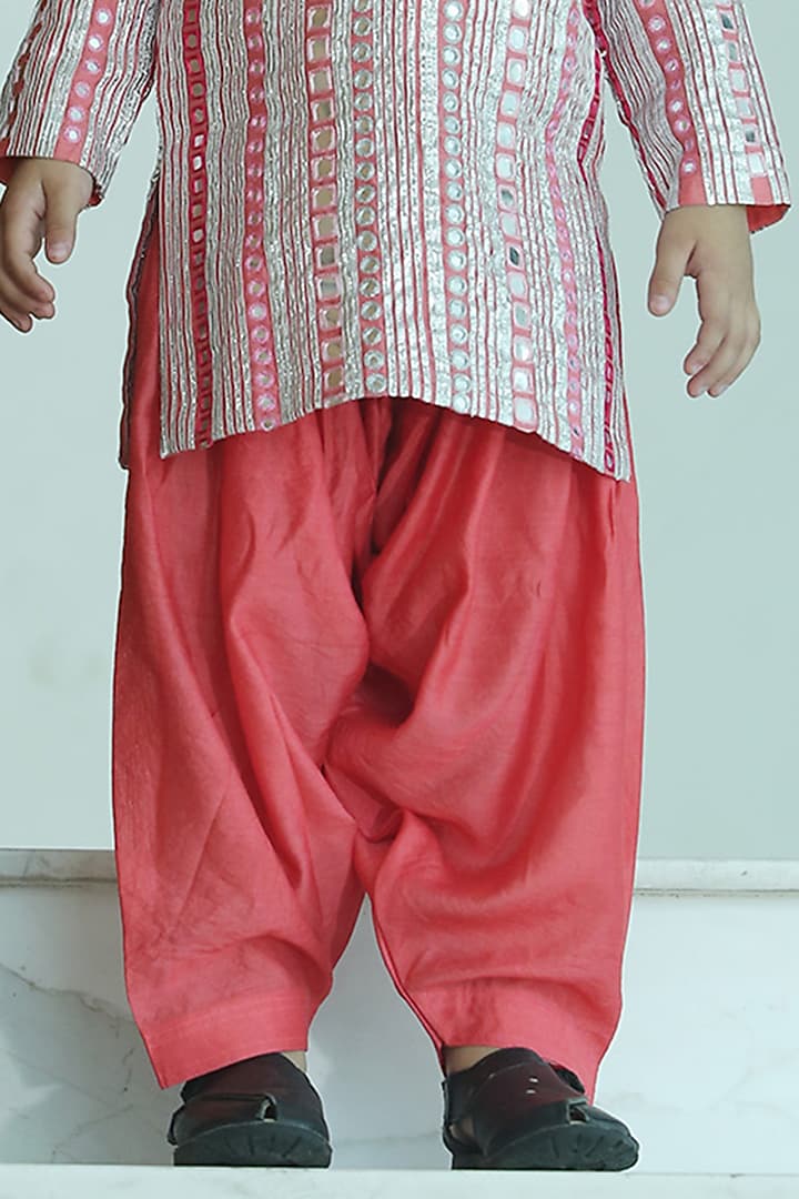 Hot Pink Raw Silk Patra Work Kurta Set For Boys by Alyaansh Couture at Pernia's Pop Up Shop
