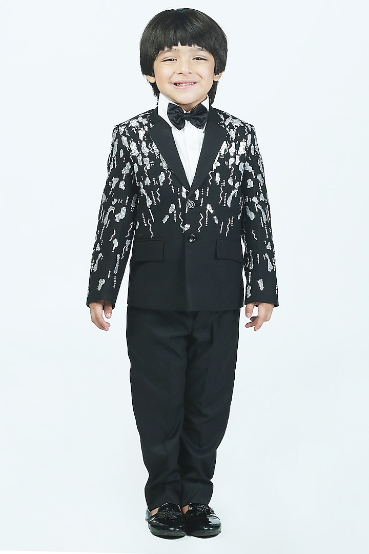 Black Polyester Sequins Embroidered Tuxedo Set For Boys by Alyaansh Couture