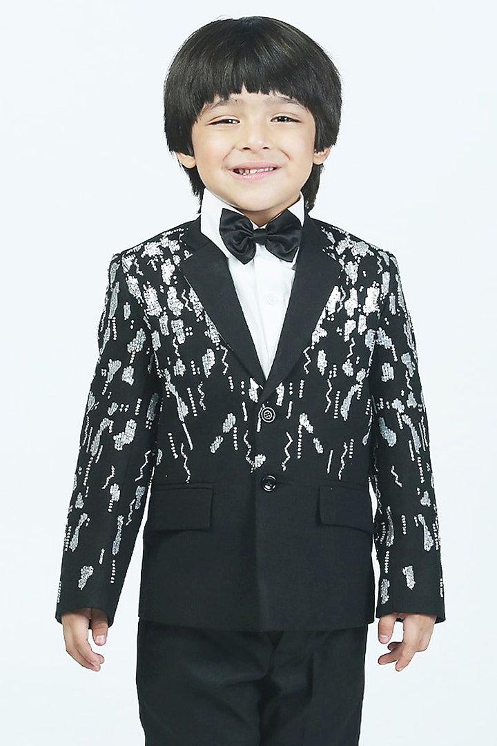 Black Polyester Sequins Embroidered Tuxedo Set For Boys by Alyaansh Couture at Pernia's Pop Up Shop