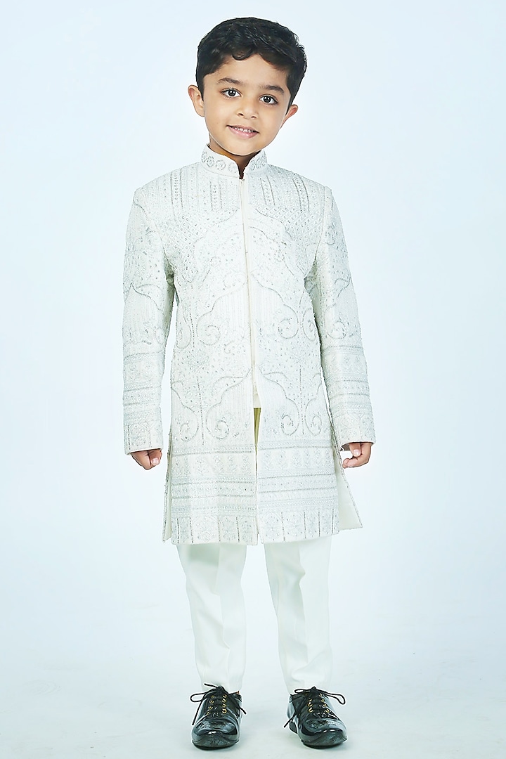 Off-White Raw Silk Silver Dori Embroidered Sherwani Set For Boys by Alyaansh Couture