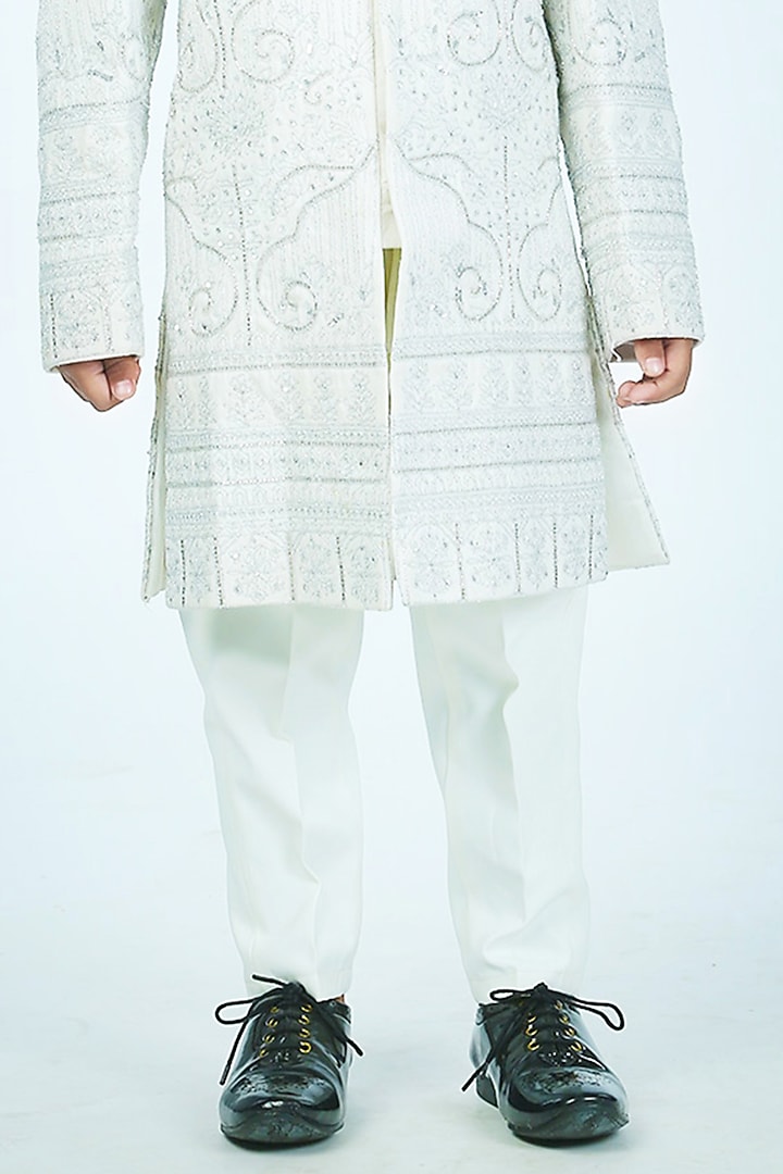 Off-White Raw Silk Silver Dori Embroidered Sherwani Set For Boys by Alyaansh Couture at Pernia's Pop Up Shop