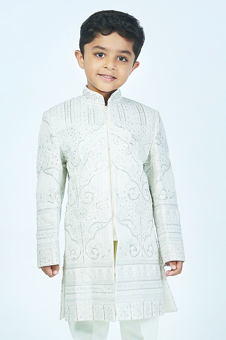 Off-White Raw Silk Silver Dori Embroidered Sherwani Set For Boys by Alyaansh Couture at Pernia's Pop Up Shop