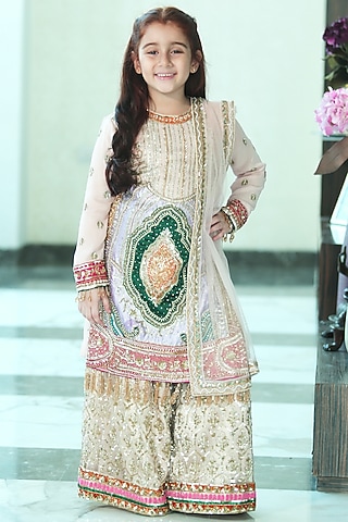 Peach Georgette & Net Sequins Embellishments Gharara Set For Girls by Alyaansh Couture