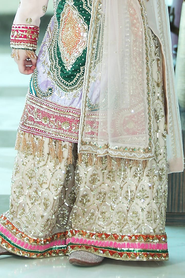 Peach Georgette & Net Sequins Embellishments Gharara Set For Girls by Alyaansh Couture at Pernia's Pop Up Shop