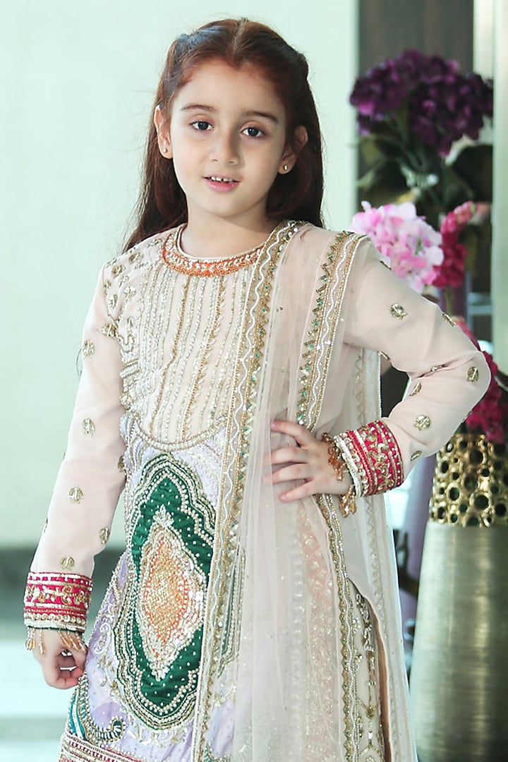 Peach Georgette & Net Sequins Embellishments Gharara Set For Girls by Alyaansh Couture at Pernia's Pop Up Shop