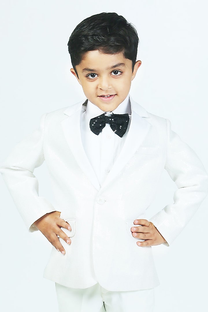 White Suiting Sequins Tuxedo Set For Boys by Alyaansh Couture at Pernia's Pop Up Shop