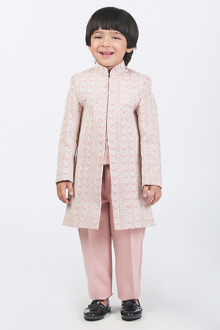 Pale Pink Suiting Dori Embellished Sherwani Set For Boys by Alyaansh Couture