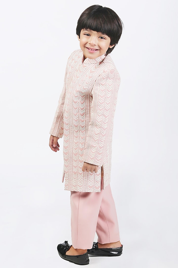 Pale Pink Suiting Dori Embellished Sherwani Set For Boys by Alyaansh Couture at Pernia's Pop Up Shop