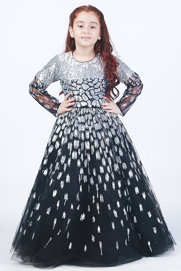 Black Net Sequins Embroidered Gown For Girls by Alyaansh Couture at Pernia's Pop Up Shop