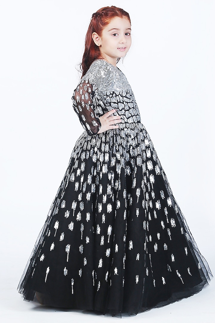 Black Net Sequins Embroidered Gown For Girls by Alyaansh Couture at Pernia's Pop Up Shop