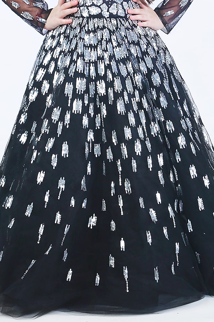 Black Net Sequins Embroidered Gown For Girls by Alyaansh Couture at Pernia's Pop Up Shop