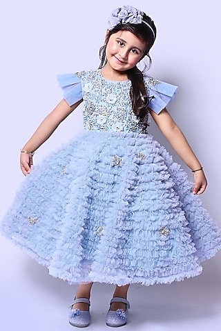 Ice Blue Net Floral Motif Embellished Ruffled Dress For Girls by Alyaansh Couture