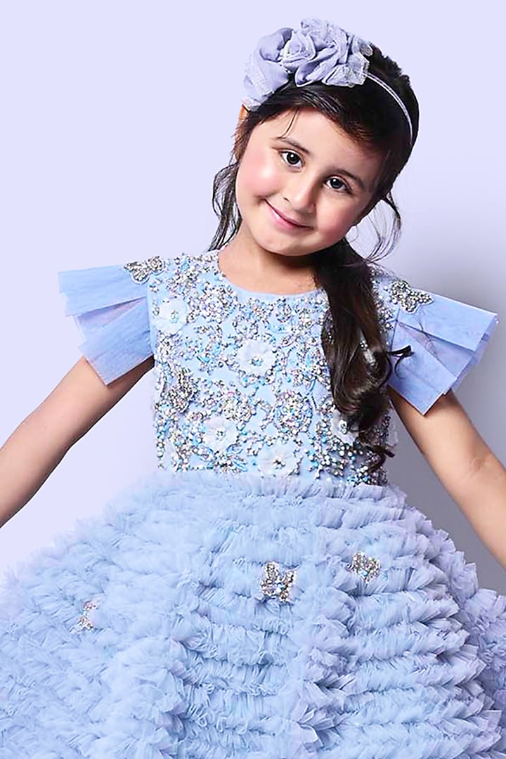 Ice Blue Net Floral Motif Embellished Ruffled Dress For Girls by Alyaansh Couture at Pernia's Pop Up Shop