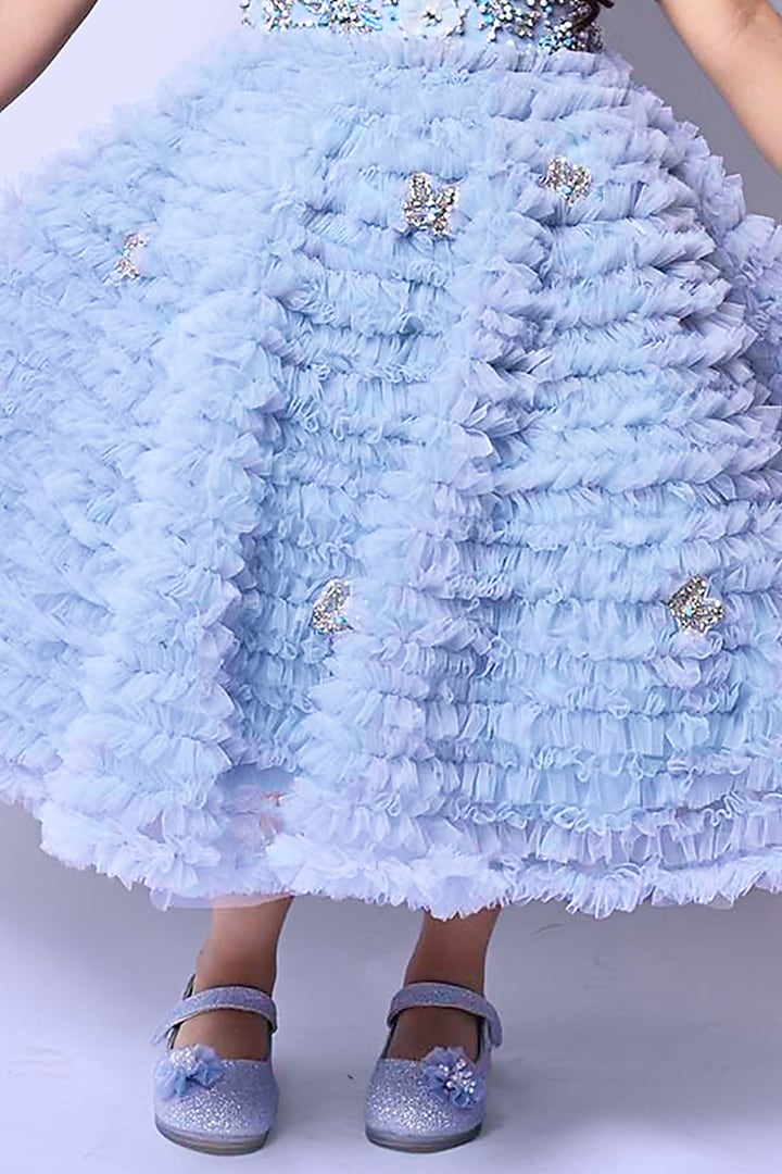 Ice Blue Net Floral Motif Embellished Ruffled Dress For Girls by Alyaansh Couture at Pernia's Pop Up Shop