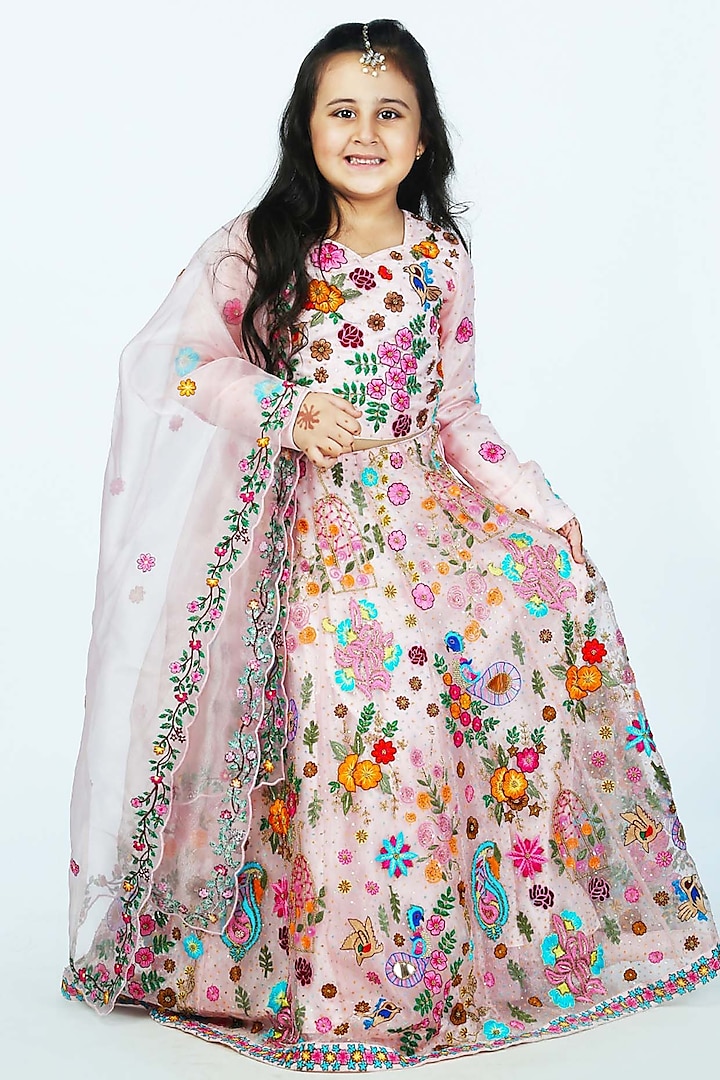 Multi-Colored Organza Floral Embroidered Lehenga Set For Girls by Alyaansh Couture at Pernia's Pop Up Shop