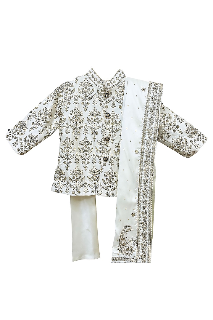 Off-White Raw Silk Sequins Embellished Sherwani Set For Boys by Alyaansh Couture