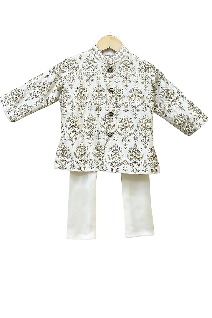 Off-White Raw Silk Sequins Embellished Sherwani Set For Boys by Alyaansh Couture at Pernia's Pop Up Shop