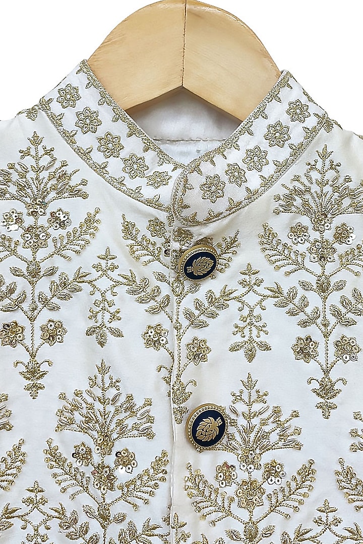 Off-White Raw Silk Sequins Embellished Sherwani Set For Boys by Alyaansh Couture at Pernia's Pop Up Shop