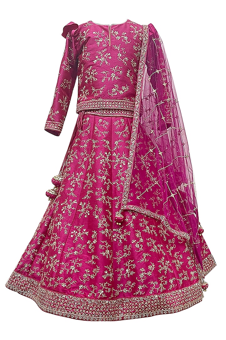 Hot Pink Raw Silk Floral Motifs Embroidered Lehenga Set For Girls by Alyaansh Couture at Pernia's Pop Up Shop