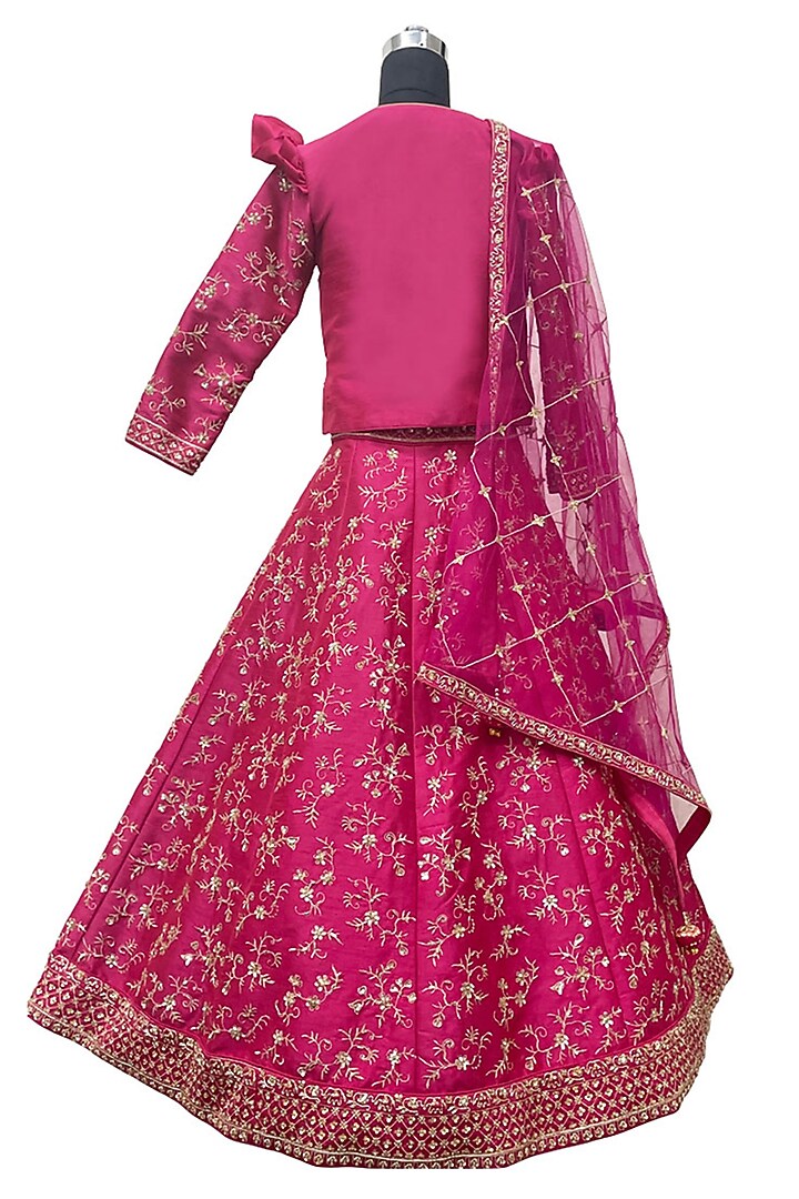 Hot Pink Raw Silk Floral Motifs Embroidered Lehenga Set For Girls by Alyaansh Couture at Pernia's Pop Up Shop