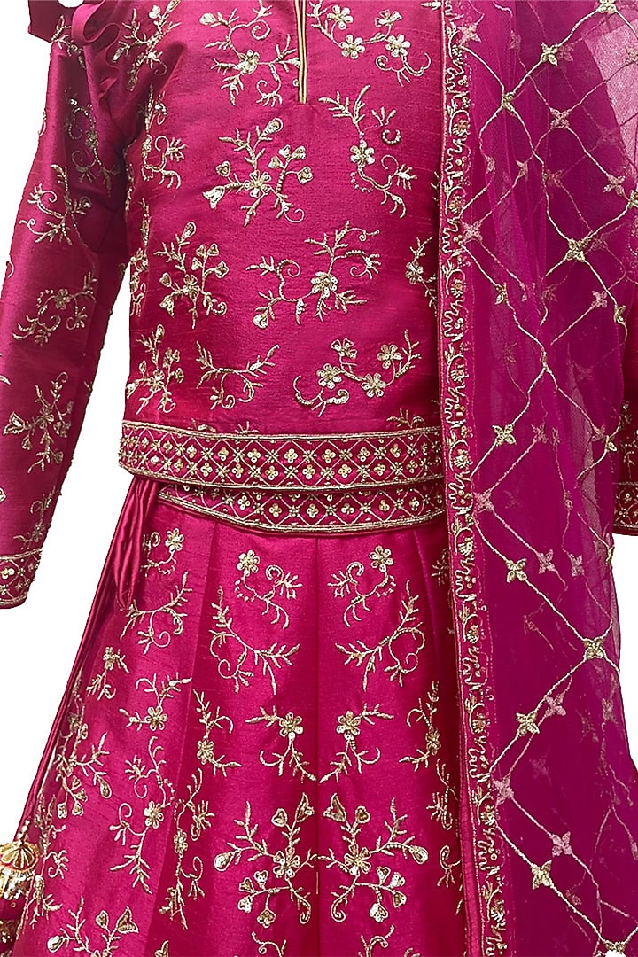 Hot Pink Raw Silk Floral Motifs Embroidered Lehenga Set For Girls by Alyaansh Couture at Pernia's Pop Up Shop